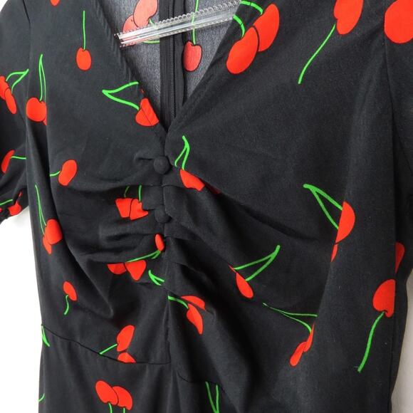 1990s Vintage Black Sweetheart Cherry Pattern A-Line Short Sleeve Mini Dress XS - Picture 4 of 7